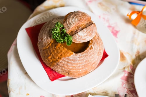 Preview: Goulash soup in bread served in a bread bowl