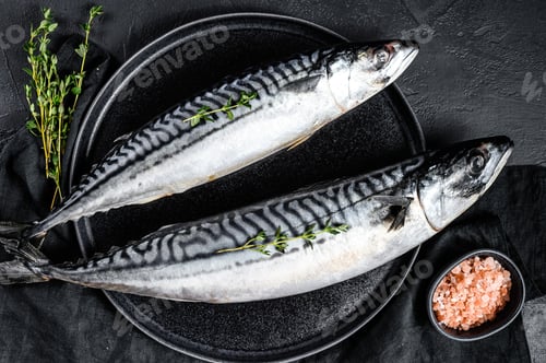 Preview: Raw mackerel fish with thyme and pink salt. Fresh seafood. Black background. Top view
