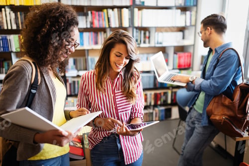 Preview: Group of happy students reading books and preparing to exam in library