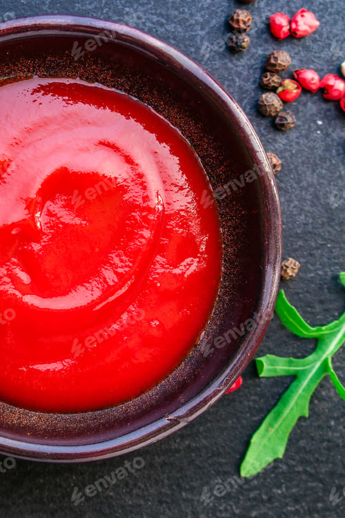 Preview: Tomato Sauce In A Gravy Boat On The Table (Sugo Or Ketchup) Menu Concept. Background. Top View