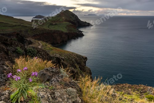 Preview: Ponta de Sao Lourenco, Madeira peninsula at sunrise. Green cliffs, Atlantic Ocean at spring.