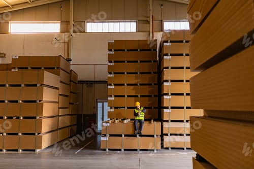 Preview: Worker with Down syndrome having break in factory, warehouse, drinking coffee from thermos. Concept