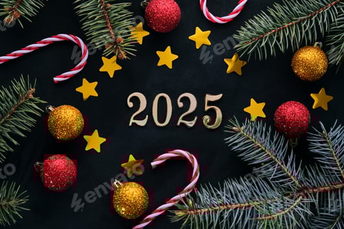 Preview: New Year 2025 background. Number of the coming year in Christmas decoration.