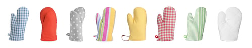 Preview: Set with different oven gloves on white background. Banner design