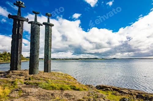 Preview: Mollebukta bay with Swords in Rock monument, Battle of Hafrsfjord Stavanger Rogaland Norway