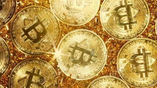 Preview: Bitcoin, crypto currency. Golden coins. Digital exchange, popularity of BTC, symbol of future money