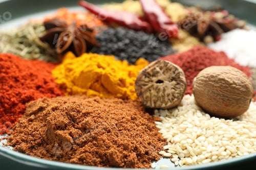 Preview: Many different aromatic spices on table, closeup