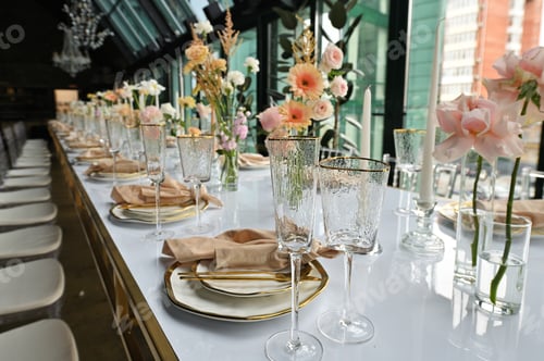 Preview: beautiful elegant decor of flowers and elegant serving on the wedding table.