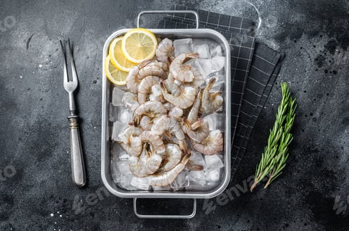 Preview: Raw pacific white shrimp prawn peeled with tail on ice.