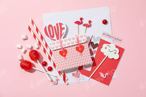 Preview: Valentine's Day accessories on pink background, top view