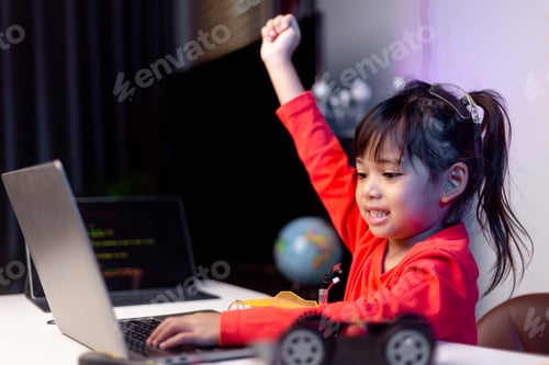 Preview: Asia students learn at home in coding robot cars and electronic board cables in STEM,