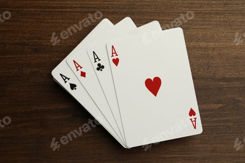 Preview: Four aces playing cards on wooden table, top view. Poker game