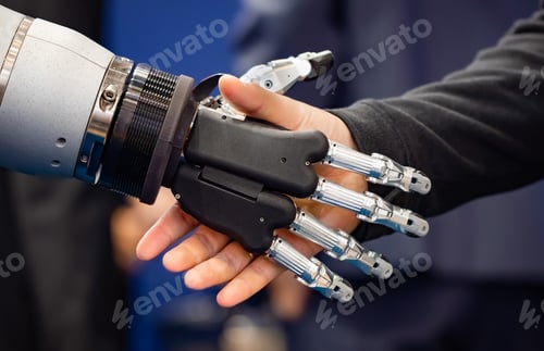 Preview: Hand of a businessman shaking hands with a Android robot.