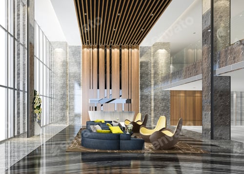 Preview: 3d rendering grand luxury hotel reception hall and lounge restaurant with high ceiling