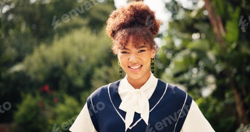 Preview: Campus, education and portrait of student woman outdoor at fashion college for development. Future,