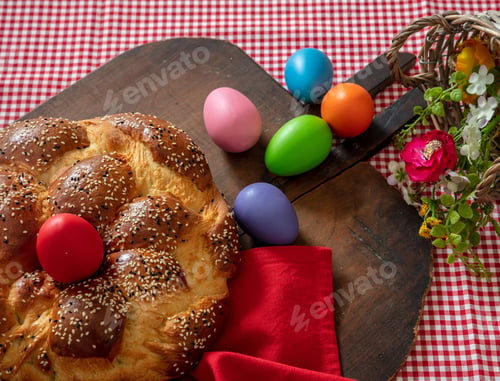 Preview: Easter greek tsoureki braid, sweet bread brioche overhead