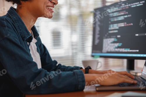 Preview: Female freelancer making new project as web designer and programmer on her computer at home