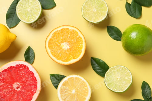 Preview: Different cut and whole citrus fruits on yellow table, flat lay