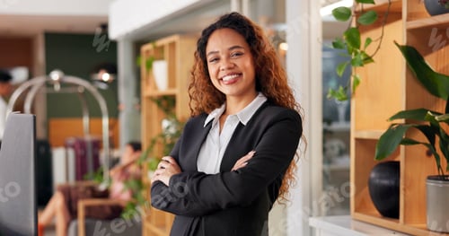 Preview: Receptionist, arms crossed and portrait of woman at hotel for hospitality, luxury and check in. Inf