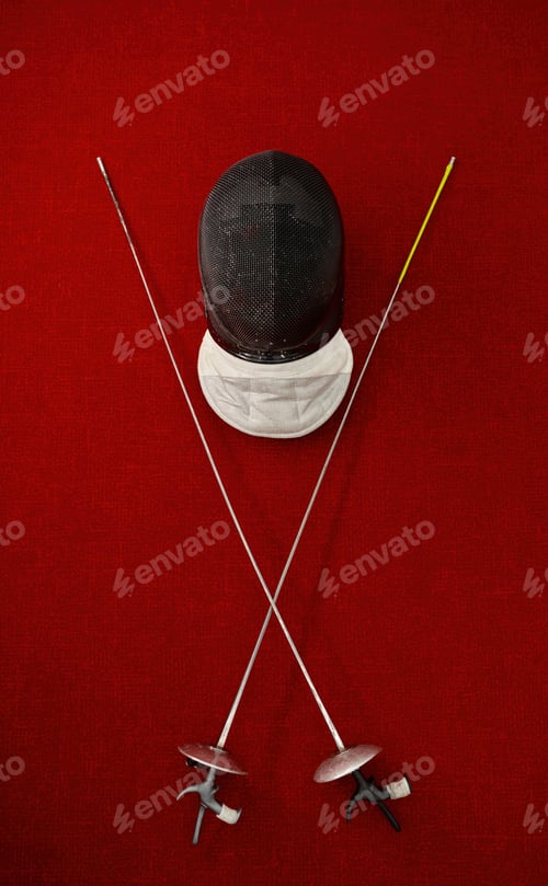 Preview: Fencing equipment concept, crossed swords and protective helmet with mask
