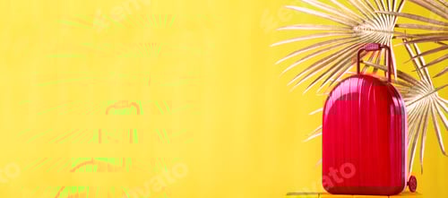 Preview: Web banner with red suitcase and golden palm leaves against the yellow background.