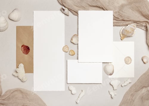 Preview: Mockup of cards and envelopes on beige stone with seashells, top view. Coastal wedding stationery