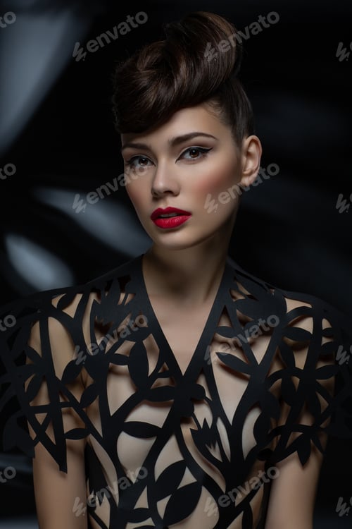 Preview: beautiful young woman with fancy hairdo and red lips