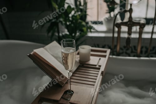 Preview: Luxury interior eco style modern bathroom with oval bathtub and champagne glass at natural lighting