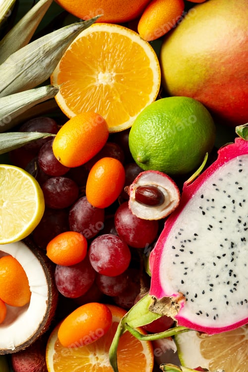 Preview: Set of fresh ripe tropical fruits, close up