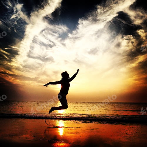 Preview: Sunset beautiful sky, a silhouette woman jump up in the air on the beach