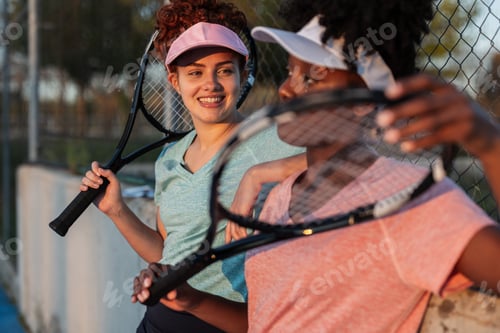 Preview: Two smiling tennis players relaxing after match at sunset