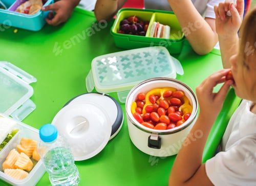 Preview: Group of Kindergarten Students Eating Food Lunch Break Together