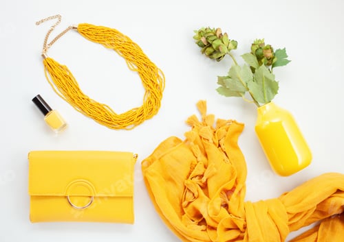 Preview: Bright yellow accessories for girls and women. Urban fashion, beauty blog concept