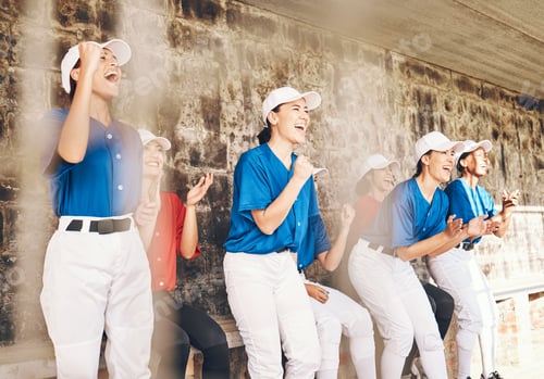 Preview: Sports, baseball player or excited team celebrate teamwork, achievement and cheers for homerun. Gro