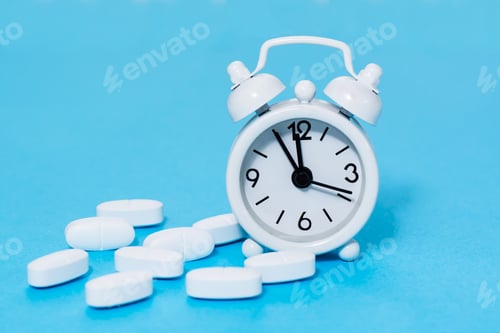 Preview: White alarm clock and white oval pills next to it on a blue background.
