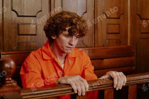 Preview: Young Caucasian Man Sitting in Courtroom Dock Wearing Prison Uniform