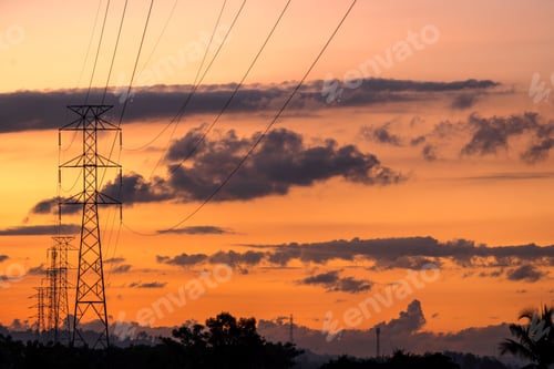 Preview: High voltage electric poles after sunset sky