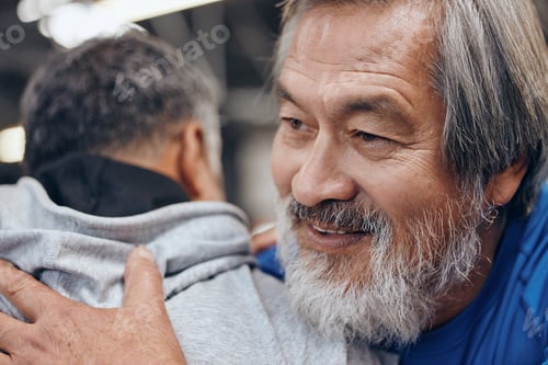 Preview: Friends, fitness and face of Asian man in gym for teamwork, support and motivation for workout. Spo