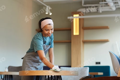 Preview: Young Woman Cleaning Table in Cafe