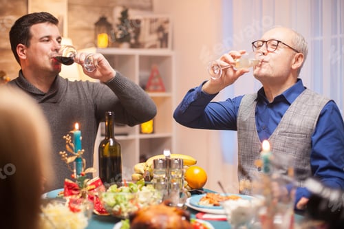 Preview: Happy senior man and his son drinking a glass of wine together