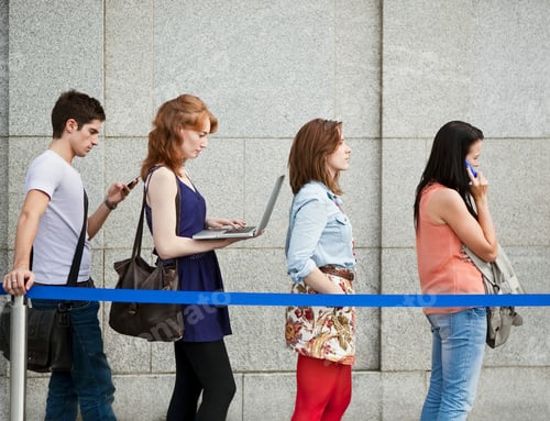 Preview: Four young adults waiting in line, each engaged in their own activities.