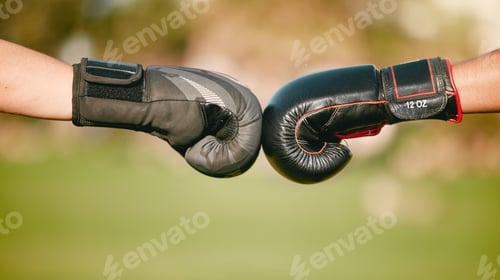 Preview: Boxing, gloves and fist bump with a boxer team outdoor together for sportsmanship, unity or solidar