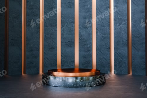 Preview: Black marble stand with golden details for product presentation.
