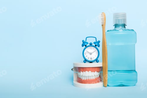 Preview: Mouthwash and other oral hygiene products on colored table top view with copy space