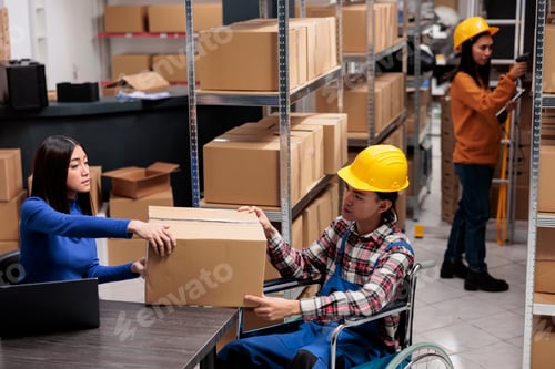 Preview: Warehouse managers handling package in post office storage room