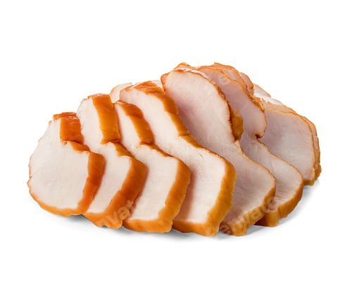 Preview: Chicken fillet smoked whole and sliced isolated.