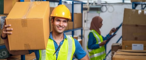 Preview: Banner of Idian worker man holding cardboard box and walking with Muslim worker woman scanning