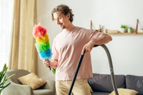Preview: Vibrant Joy: Man Holding Colorful Duster