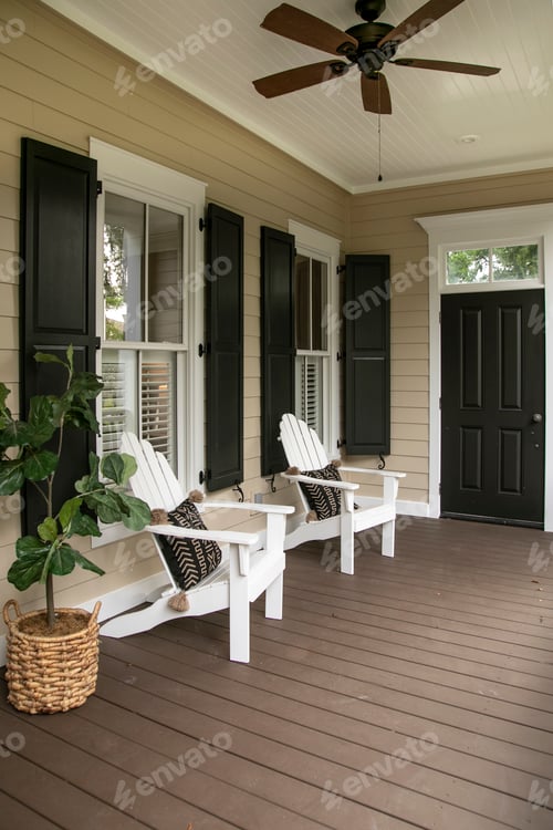 Preview: Charleston style porch with chairs and entry door on southern home