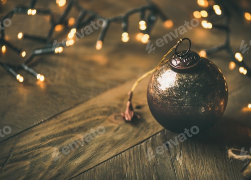 Preview: Christmas tree toy decoration ball on wooden background, copy space